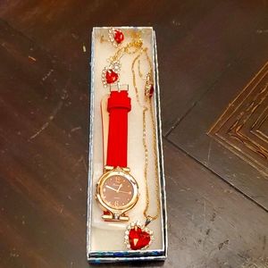 Womens red watch , ring , earrings and necklace gift set.